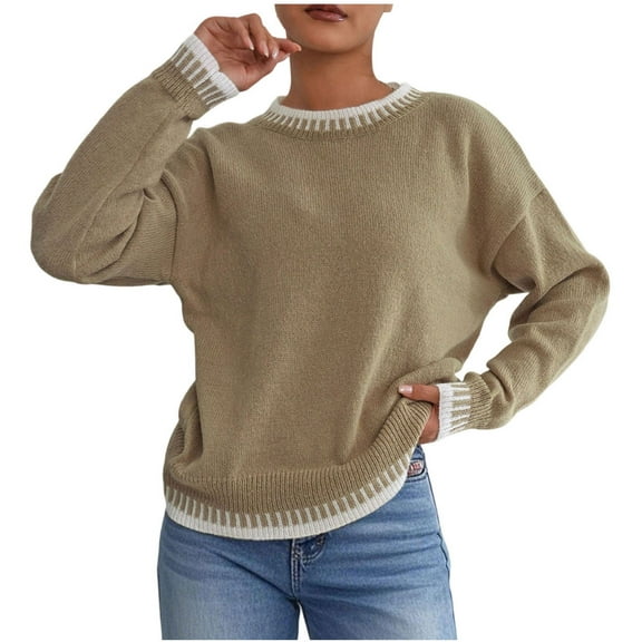 TFEOQRY Women's Contrast Edge Sweater Crew Neck Long Sleeve Loose Knitted Casual Pullover Top Khaki