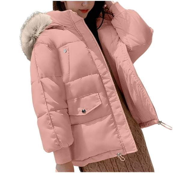 TFEOQRY Women's Cotton Padded Coats Solid Color Cotton Jacket with Pockets Long Sleeves Zippered Top Pink