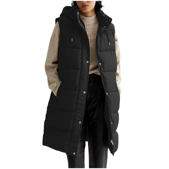 TFEOQRY Women's Cotton Padded Coats Vest Solid Color Cotton Clothing Sleeveless Long Hooded Jacket Pocket Top Black