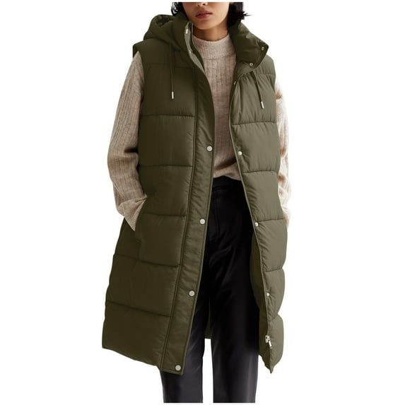 TFEOQRY Women's Cotton Padded Coats Vest Solid Color Cotton Clothing Sleeveless Long Hooded Jacket Pocket Top Olive Green