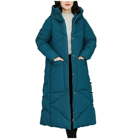 TFEOQRY Women's Cotton Parkas Padded Coats Casual Solid Color Knee Hooded Long Sleeve Thermal Cotton Jacket Blue