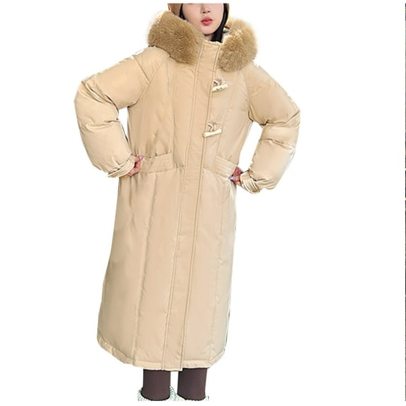 TFEOQRY Women's Cotton Parkas Padded Coats Casual Solid Color Knee Hooded Long Sleeve Thermal Cotton Jacket Khaki