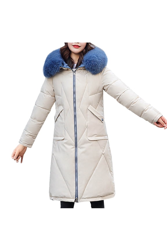 Women's Cotton Parkas Padded Coats Casual Solid Color Knee Hooded Long Sleeve Thermal Cotton Jacket Sky Blue