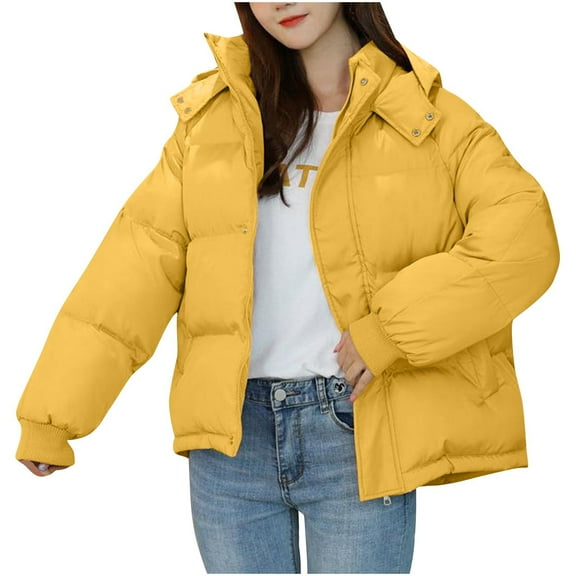 TFEOQRY Women's Cotton Parkas Padded Coats Solid Color Long Sleeved Hooded Large Collar Cotton Clothing Yellow