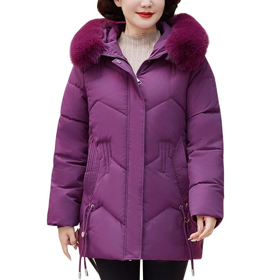 TFEOQRY Women's Cotton Short Padded Coats Long Sleeved Bull Horn Buckle Double Pocket Hooded Cotton Parkas Purple