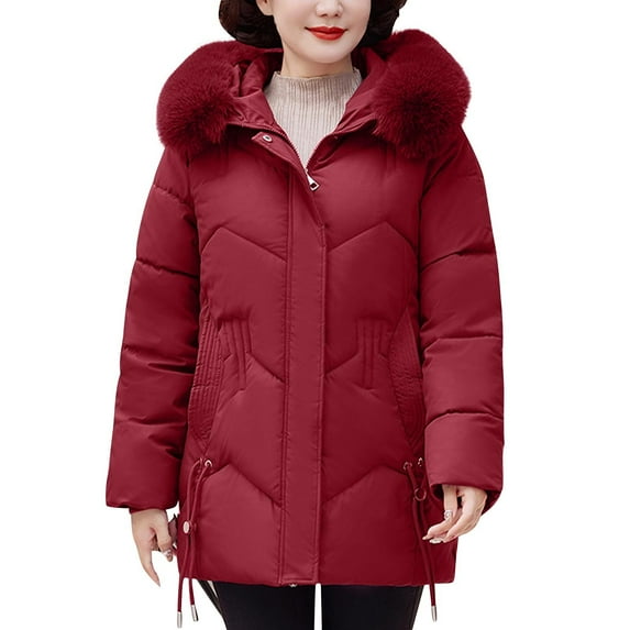 TFEOQRY Women's Cotton Short Padded Coats Long Sleeved Bull Horn Buckle Double Pocket Hooded Cotton Parkas Red