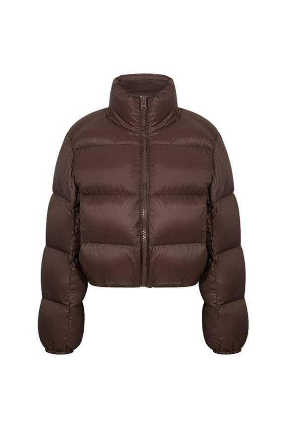 Women's Cotton Short Padded Coats Solid Color Cotton Jacket with Pockets Long Sleeve Zippered Top Coffee