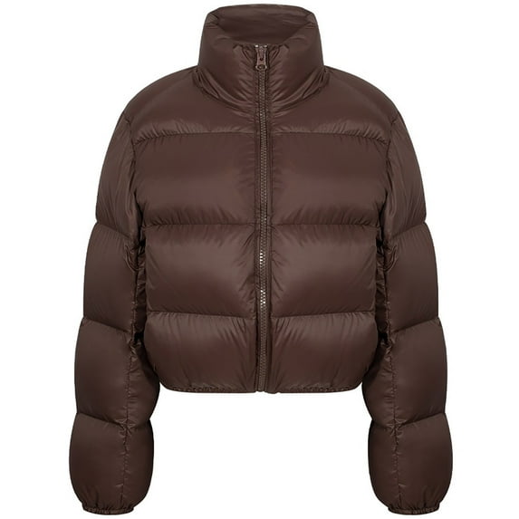 TFEOQRY Women's Cotton Short Padded Coats Solid Color Cotton Jacket with Pockets Long Sleeve Zippered Top Coffee