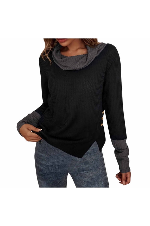 Women's Cowl Neck Sweater Long Sleeve Button Decor Textured Knit Asymmetric Hem Casual Pullover Top Black