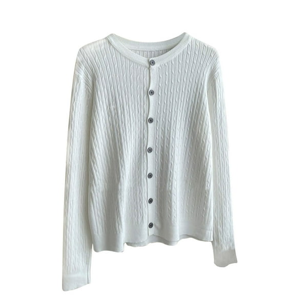 TFEOQRY Women's Crew Neck Cardigan Button Front Solid Textured Knit Long Sleeve Casual Lightweight Fall Top White