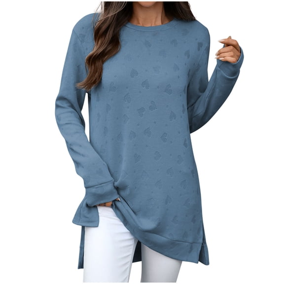TFEOQRY Women's Crew Neck Heart Pattern Sweatshirts Long Sleeve Loose Solid Casual Pullover Fall Top Dark Blue