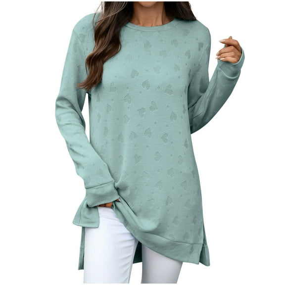 TFEOQRY Women's Crew Neck Heart Pattern Sweatshirts Long Sleeve Loose Solid Casual Pullover Fall Top Mint Green