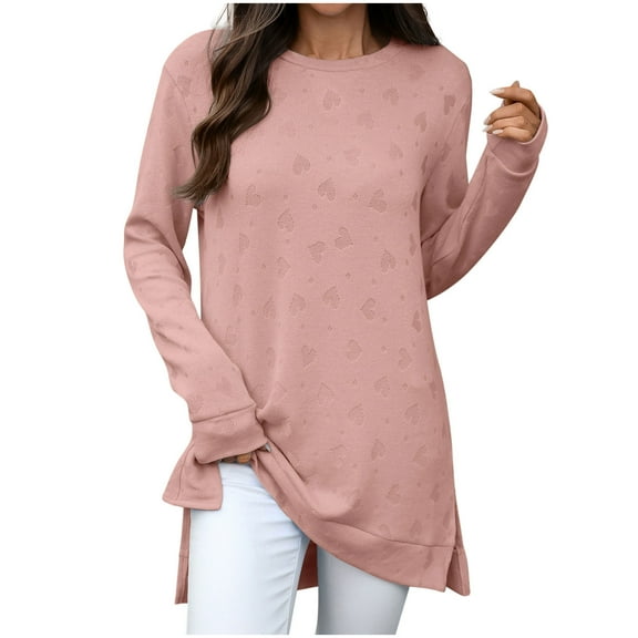 TFEOQRY Women's Crew Neck Heart Pattern Sweatshirts Long Sleeve Loose Solid Casual Pullover Fall Top Pink
