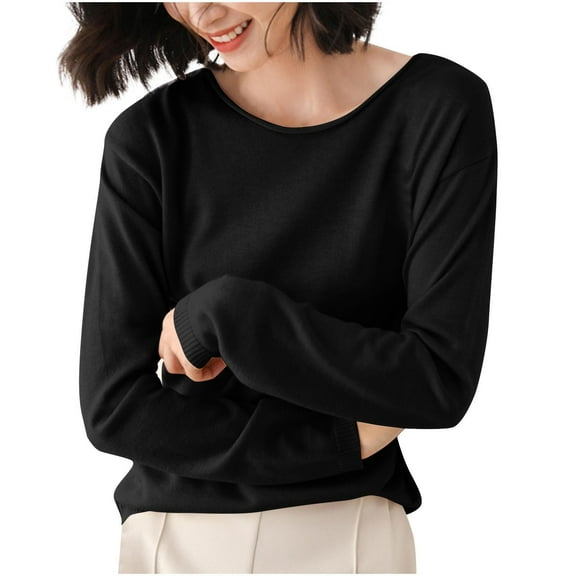 TFEOQRY Women's Crew Neck Sweater Long Sleeve Soft Knit Solid Pullover Casual Fall Daily Wear Top Black