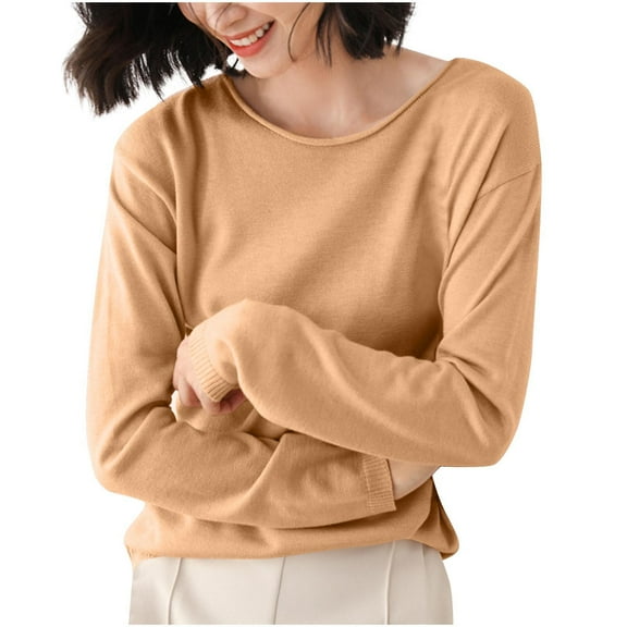 TFEOQRY Women's Crew Neck Sweater Long Sleeve Soft Knit Solid Pullover Casual Fall Daily Wear Top Orange