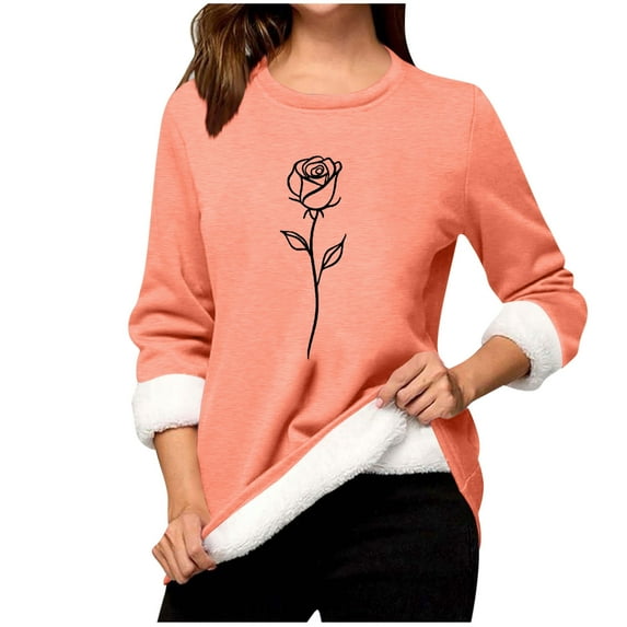 TFEOQRY Women's Crew Neck Sweatshirt Floral Print Fleece Lined Long Sleeve Casual Pullover Fall Winter Top Pink