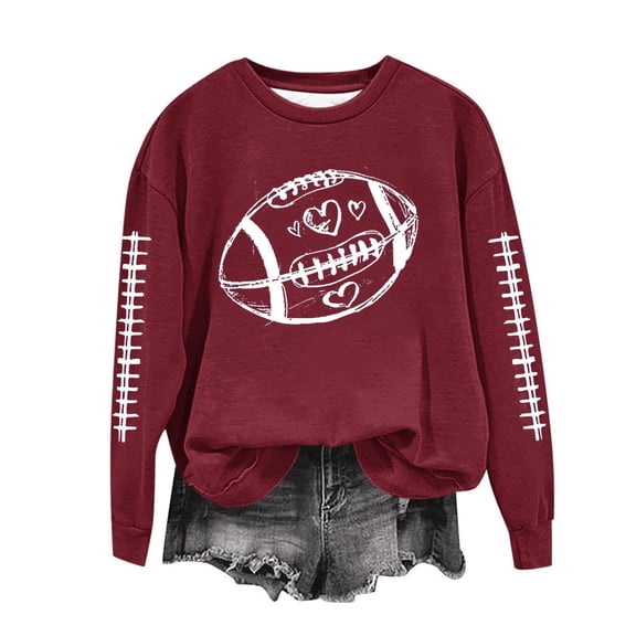 TFEOQRY Women's Crew Neck Sweatshirt Football Graphic Long Sleeve Casual Pullover Fall Game Day Top Burgundy