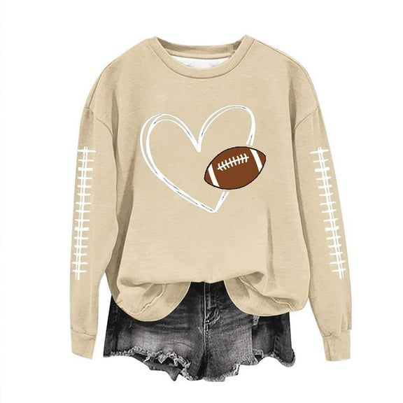 TFEOQRY Women's Crew Neck Sweatshirt Football Heart Graphic Long Sleeve Casual Pullover Fall Game Day Top Beige