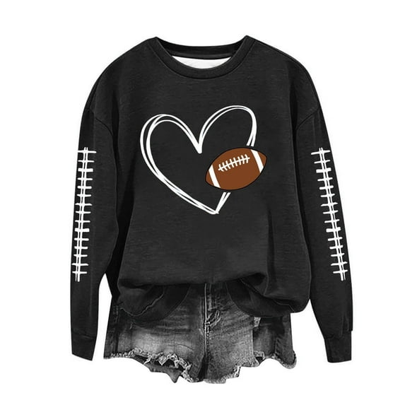 TFEOQRY Women's Crew Neck Sweatshirt Football Heart Graphic Long Sleeve Casual Pullover Fall Game Day Top Black