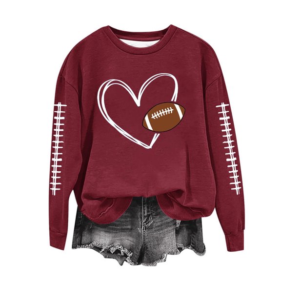 TFEOQRY Women's Crew Neck Sweatshirt Football Heart Graphic Long Sleeve Casual Pullover Fall Game Day Top Burgundy