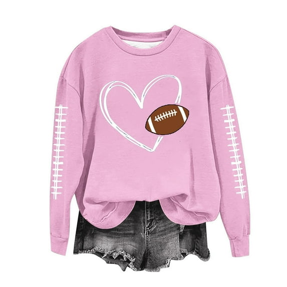 TFEOQRY Women's Crew Neck Sweatshirt Football Heart Graphic Long Sleeve Casual Pullover Fall Game Day Top Pink