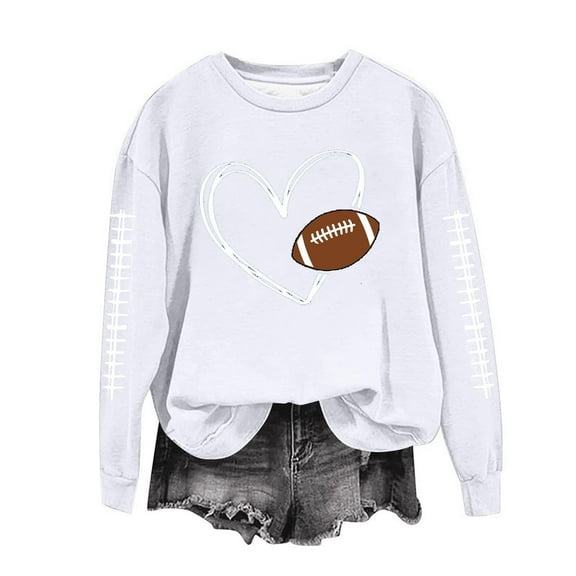 TFEOQRY Women's Crew Neck Sweatshirt Football Heart Graphic Long Sleeve Casual Pullover Fall Game Day Top White