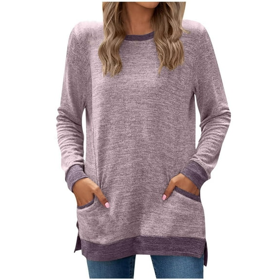 TFEOQRY Women's Crewneck Long Sweatshirt Long Sleeve Pockets Pullover Casual Loose Fall Winter Fashion Top Pink