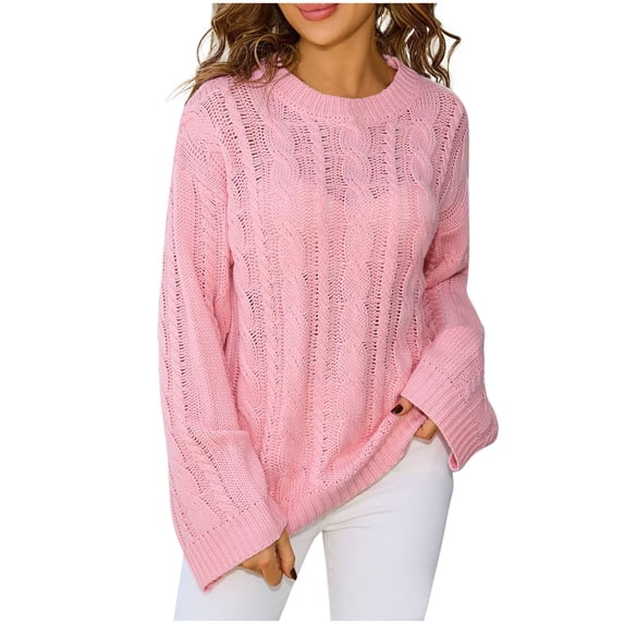 TFEOQRY Women's Crochet Sweater Cable Knit Crew Neck Long Sleeve Loose Casual Fall Winter Fashion Pullover Pink