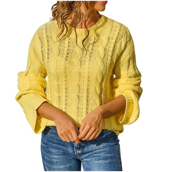 TFEOQRY Women's Crochet Sweater Cable Knit Crew Neck Long Sleeve Loose Casual Fall Winter Fashion Pullover Yellow