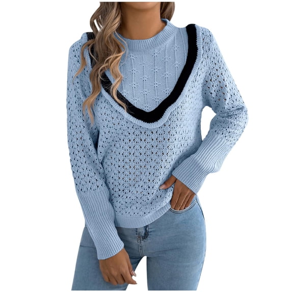 TFEOQRY Women's Crochet Sweater Crew Neck Layered Open Knit Long Sleeve Loose Casual Pullover Top Light Blue