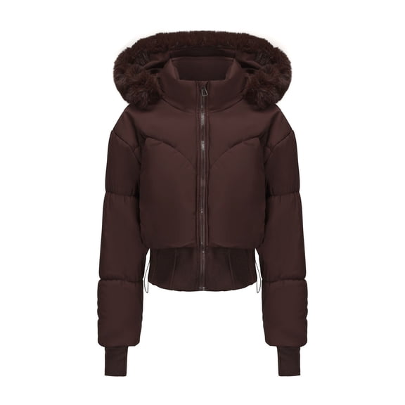 TFEOQRY Women's Cropped Puffer Jacket Hooded Long Sleeve Zip Up Quilted Jacket Fall Winter Warm Outerwear Brown