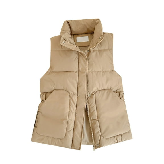 TFEOQRY Women's Cropped Puffer Vest Sleeveless Cropped Fall Winter Lightweight Warm Outerwear Stand Collar Loose Hidden Zipper Vest Khaki