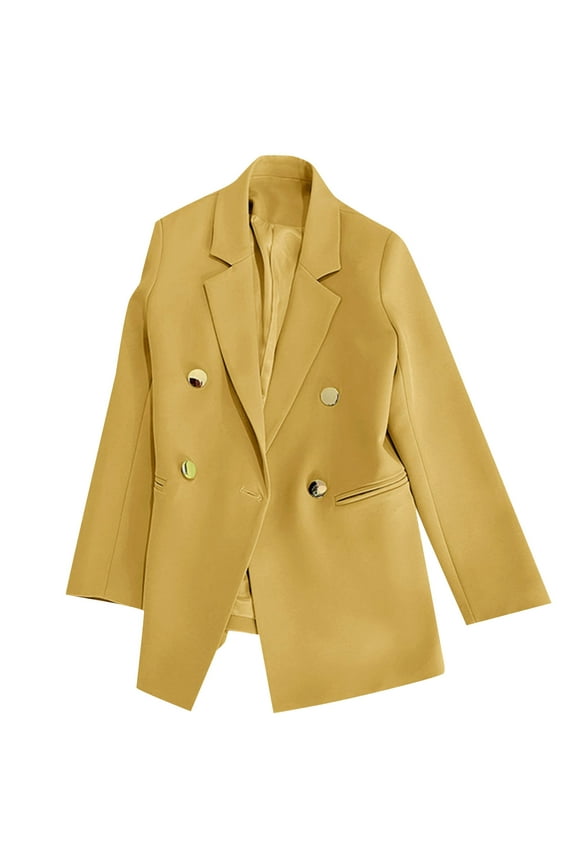 Women's Double Breasted Blazer Lapel Long Sleeve Button Down Jacket Casual Office Work Outerwear Gold