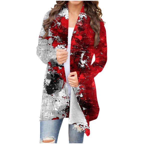 TFEOQRY Women's Evil Pattern Cardigan Long Sleeve Open Front Coat Casual Fall Winter Outerwear Red-2