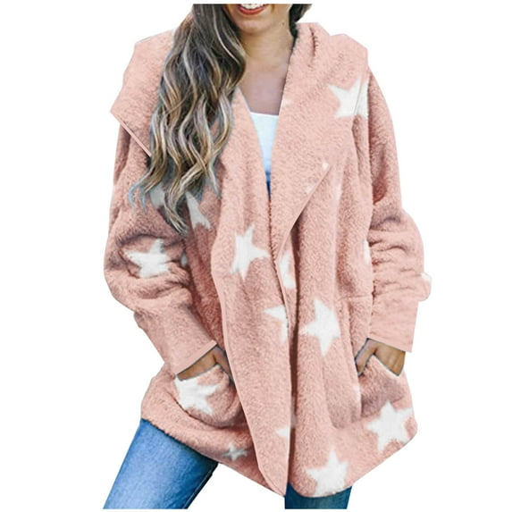 TFEOQRY Women's Fall and Winter Fleece Blanket Jackets Loose Long Sleeve Star Printed Hooded Casual Outwear Coat Pink