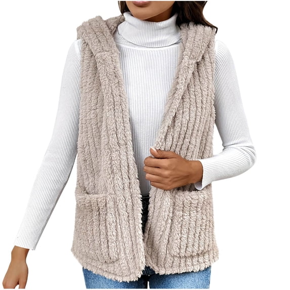 TFEOQRY Women's Fall and Winter Fleece Blanket Vest Solid Color Hodded Long Sleeve Cardigan with Pockets Fashion Coat Tops Beige