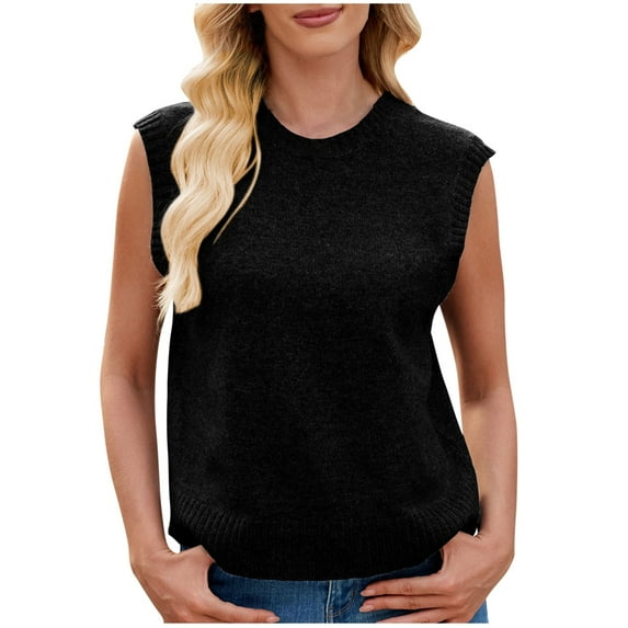 TFEOQRY Women's Fashion Casual New Crew-Neck Sleeveless Loose Knitted Back Slit Sweater Top Black