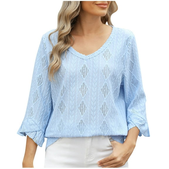 TFEOQRY Women's Fashion Casual New Solid Color Blouses Shirts V-Neck Lozenge Hollowed Out Horn 3/4 Sleeve Loose T-Shirt Top Light Blue