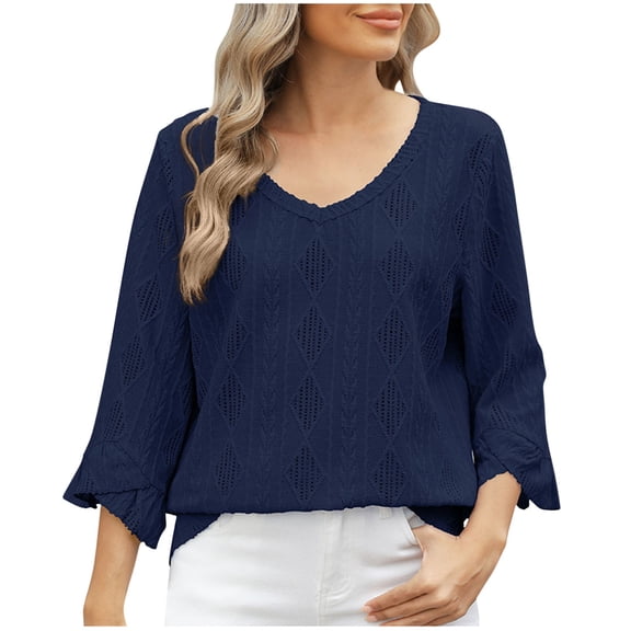 TFEOQRY Women's Fashion Casual New Solid Color Blouses Shirts V-Neck Lozenge Hollowed Out Horn 3/4 Sleeve Loose T-Shirt Top Navy