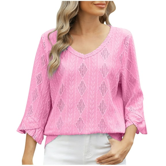TFEOQRY Women's Fashion Casual New Solid Color Blouses Shirts V-Neck Lozenge Hollowed Out Horn 3/4 Sleeve Loose T-Shirt Top Pink