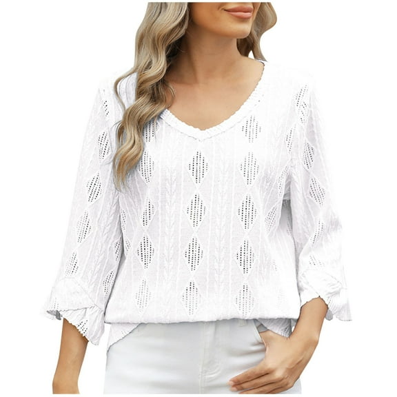 TFEOQRY Women's Fashion Casual New Solid Color Blouses Shirts V-Neck Lozenge Hollowed Out Horn 3/4 Sleeve Loose T-Shirt Top White