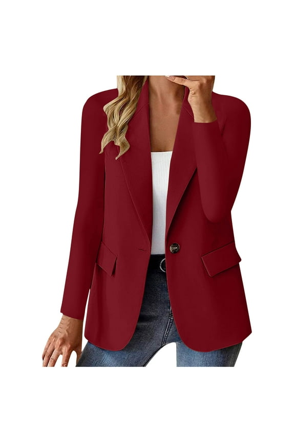 Women's Fashion Solid Color Blazer Button Slim Fit Suit Coat Long Sleeve Casual Jacket Burgundy