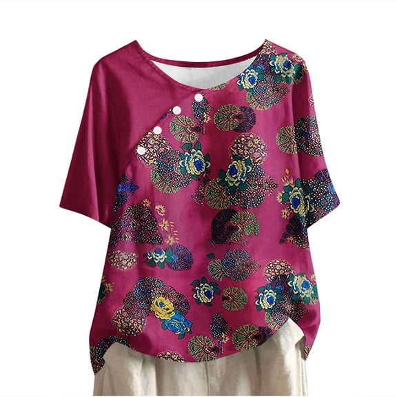 TFEOQRY Women's Fashionable Casual Retro Floral Print Pullover Round Neck Short Sleeved Top Hot Pink