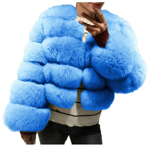 TFEOQRY Women's Faux Fur Plush Outwear Winter Thermal Solid Color Loose Stand Collar Hair Plush Jacket Coat Sky Blue