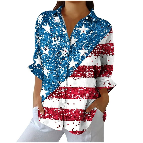 TFEOQRY Women's Flag Pattern Print Blouse Button Down Collared Long Sleeve Loose Casual Independence Day Shirt Red-1