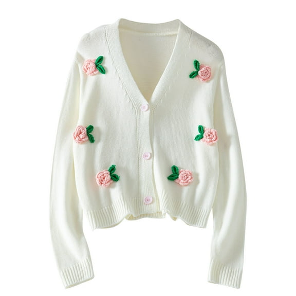 TFEOQRY Women's Floral Cardigan V Neck Button Down Long Sleeve Knit Casual Fall Winter Sweater Jacket White
