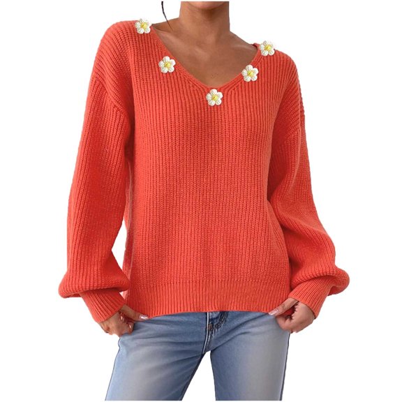 TFEOQRY Women's Floral Decor Sweater V Neck Lantern Sleeve Ribbed Knit Casual Pullover Fall Winter Warm Top Orange