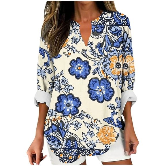 TFEOQRY Women's Floral Pattern Print Shirt V Neck Long Sleeve Loose Casual Top Trend Fall Blouse Navy