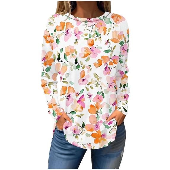 TFEOQRY Women's Floral Print Crew Neck Top Long Sleeve Pullover Casual Loose Fall Fashion Shirt Beige