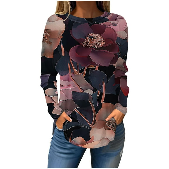 TFEOQRY Women's Floral Print Crew Neck Top Long Sleeve Pullover Casual Loose Fall Fashion Shirt Dark Gray